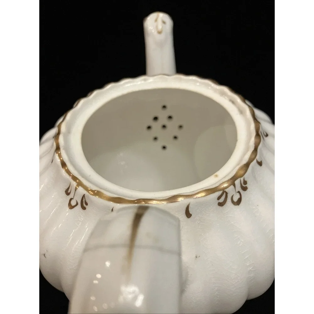 Antique Staffordshire England 6 Footed Porcelain & Stoneware Teapot White Gold